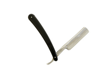 Straight razor with black handle isolated on white background, with clipping path. Design element.
