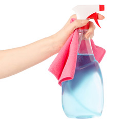 Hands holding bottles spray for washing windows and furniture
