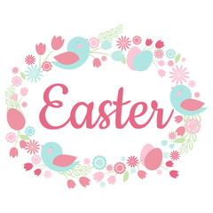 Векторная открытка с цветочным принтом , пасхальными яйцами и милыми птицами и надписью "Easter". 