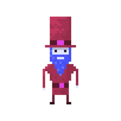 Pixel character man with the beard in top hat for games  and websites