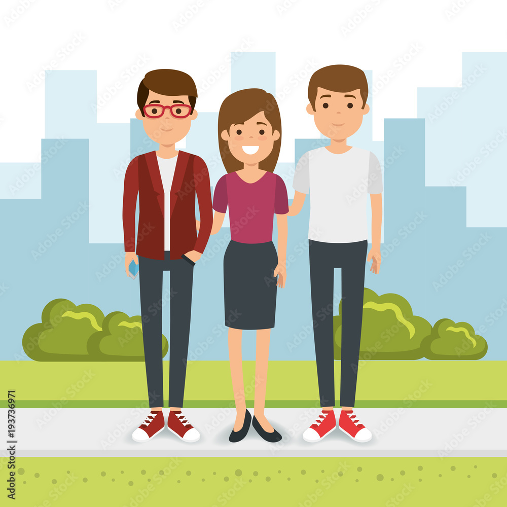 Sticker group of people in the park vector illustration design