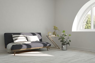 Idea of white minimalist room with black sofa. Scandinavian interior design. 3D illustration