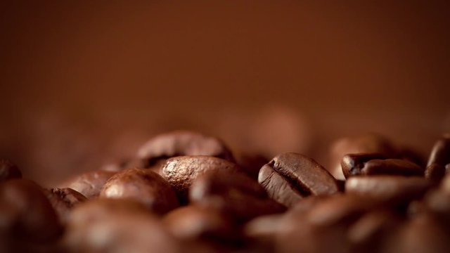macro of coffee beans slowmotion falling in studio