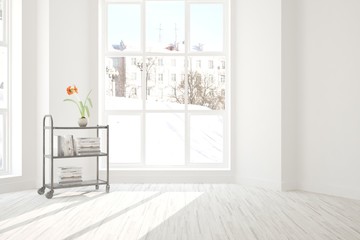 White empty room with winter landscape in window. Scandinavian interior design. 3D illustration