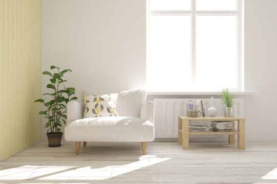Inspiration of white minimalist room with armchair. Scandinavian interior design. 3D illustration © AntonSh