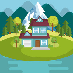 Obraz na płótnie Canvas landscape with house and lake scene vector illustration design