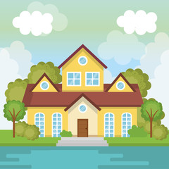 landscape with house and lake scene vector illustration design