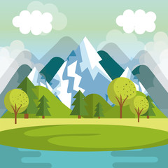 landscape with mountains and lake scene vector illustration design