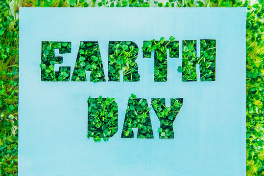 Creative concept with blue turquoise paper blank with outline lettering Earth day in green fresh grass sprouts with green frame. Handcraft calligraphy. Save planet.. April 22. Space for text.