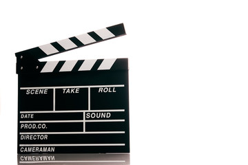 Clapper board isolated on white background with copy space. Movie production clapper board,...