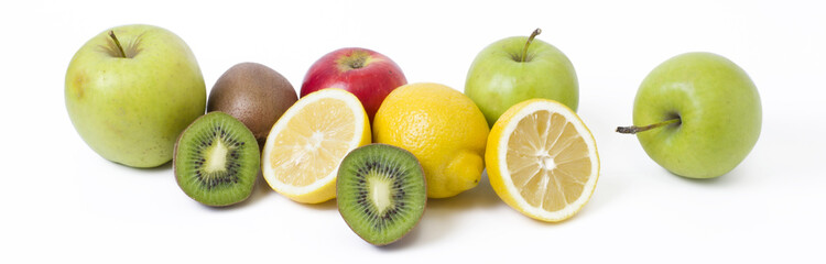 Plakat Lemon with apples and kiwi on white background. Kiwi with lemon on a white background.
