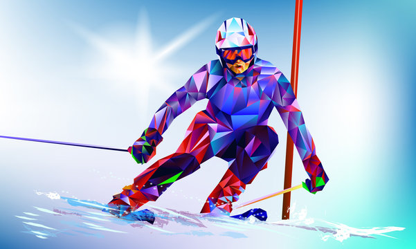 The polygonal colorful figure of a young man snowboarding with on a white and blue background. Vector illustration blue background in a geometric triangle