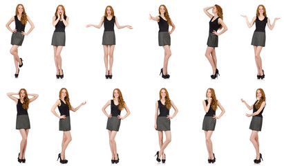 Obraz premium Red hair girl in gray dress isolated on white