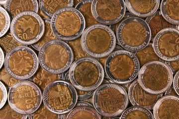 Azerbaijan currency qepik top view. Pile of 50 qepik coins as background, view from above, close-up