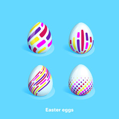 Easter eggs decorated with different color and pattern, isometric image