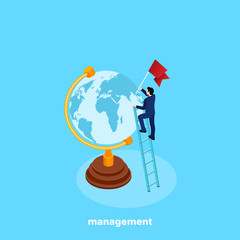 a man in a business suit is standing on a stair near a globe with a flag in his hand, an isometric image