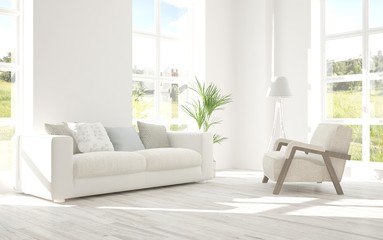 Idea of white room with sofa and summer landscape in window. Scandinavian interior design. 3D illustration