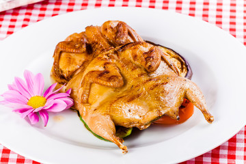 Two grilled quail with vegetables on white plate