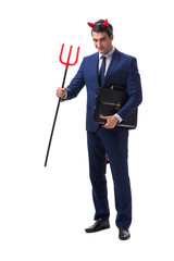 Evil devil businessman with pitchfork isolated on white backgrou