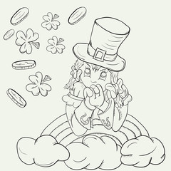 contour sketch of a girl in a leprechaun costume on a rainbow with clouds