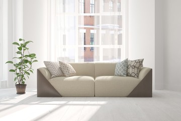 Idea of white minimalist room with sofa. Scandinavian interior design. 3D illustration