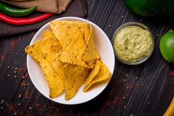 Mexican nachos chips with sauces
