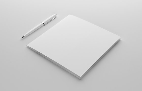 Blank Square Photorealistic Booklet Mockup On Light Grey Background, 3D Illustration.