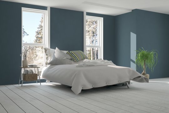 Blue bedroom with winter landscape in window. Scandinavian interior design. 3D illustration