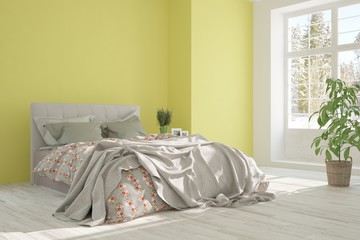Fototapeta na wymiar White bedroom with winter landscape in window. Scandinavian interior design. 3D illustration