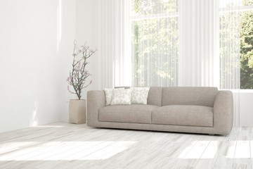 Idea of white room with sofa and summer landscape in window. Scandinavian interior design. 3D illustration