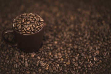 Coffee cup and coffee beans on wooden table