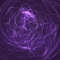 Purple space background. Glowing chaotic curves and sparkling particles. Futuristic vector illustration. Easy to edit design template for your artworks.