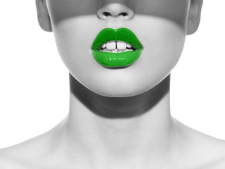 Green lips on black and white photo