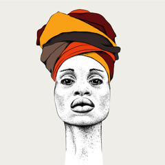 African woman with African in turban, tribal background. Beautiful black woman. Vector illustration - 193742346