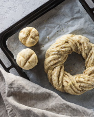 Homemade fresh dough, ready for baking. Brioche. Vertical. Close up. Selective focus.