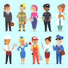 People different professions vector illustration. Success teamwork diversity human work lifestyle. Standing successful young professions policeman, doctor, fireman, chef person character in uniform