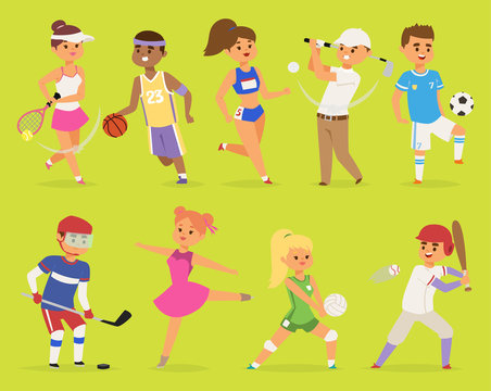 Ssportsmen vector cartoon characters boy and girl people basketball, hockey, baseball, running happy character sport people adult exercise. competition set group fitness sport people runner training