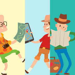 Traveler people searching right direction on map vector traveling freedom and active character lifestyle concept illustration.