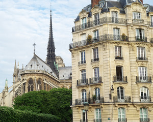 Fototapeta na wymiar Notre Dame Cathedral and Apartment Block, Paris, France