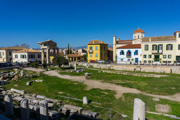 Obraz premium Roman market (agora) below in Athens Greece. Located to the north of the Acropolis and to the east of the Ancient Agora