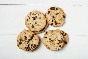 Top view chocolate chip cookies isolated on white background