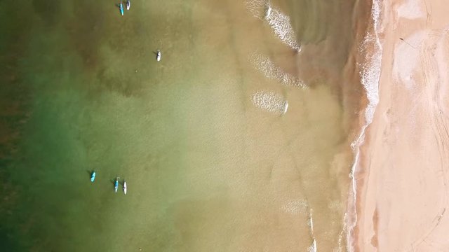 SUP (Standup paddle boarding) surfers paddling along a Mediterranean coast - Top down aerial footage