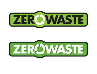 Zero Waste Badge or Emblem Vector Design.
Set of two Zero Waste graphic design elements with rotating life cycle or recycle arrows symbol and planet earth icon.