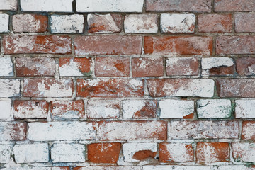 Red White Wall Background. Old Grungy Brick Wall Horizontal Texture. Brickwall Backdrop. Stonewall Wallpaper. Vintage Wall With Peeled Plaster. Retro Grunge Wall. With Uneven Stucco