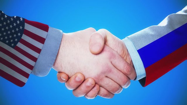 United States - Russia / Handshake concept animation about countries and politics / With matte channel
