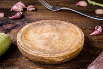 grunge wooden tray on rustic board