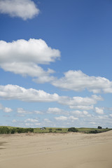 Fototapeta na wymiar Puffy white clouds against a blue sky over the river