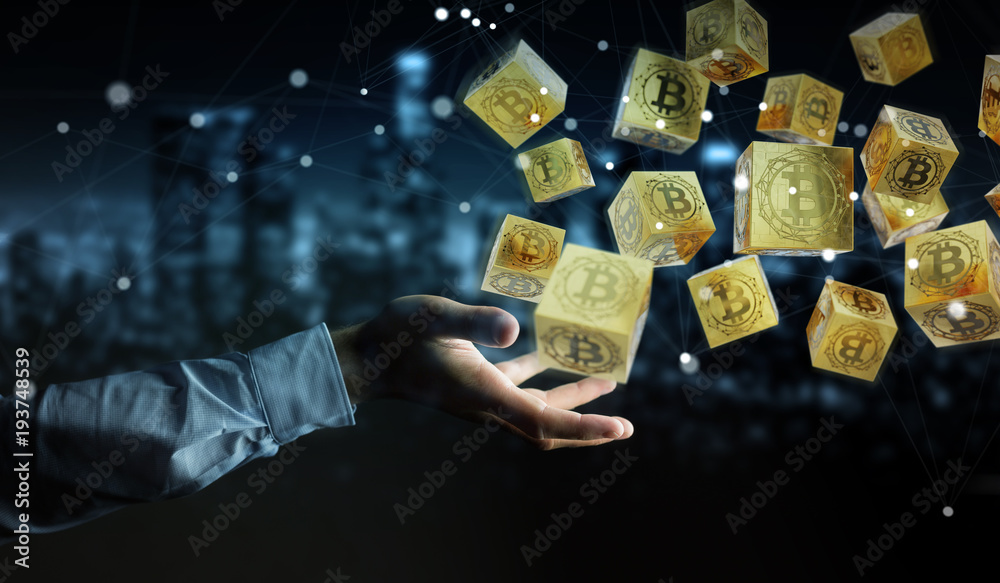 Poster businessman using bitcoins cryptocurrency 3d rendering