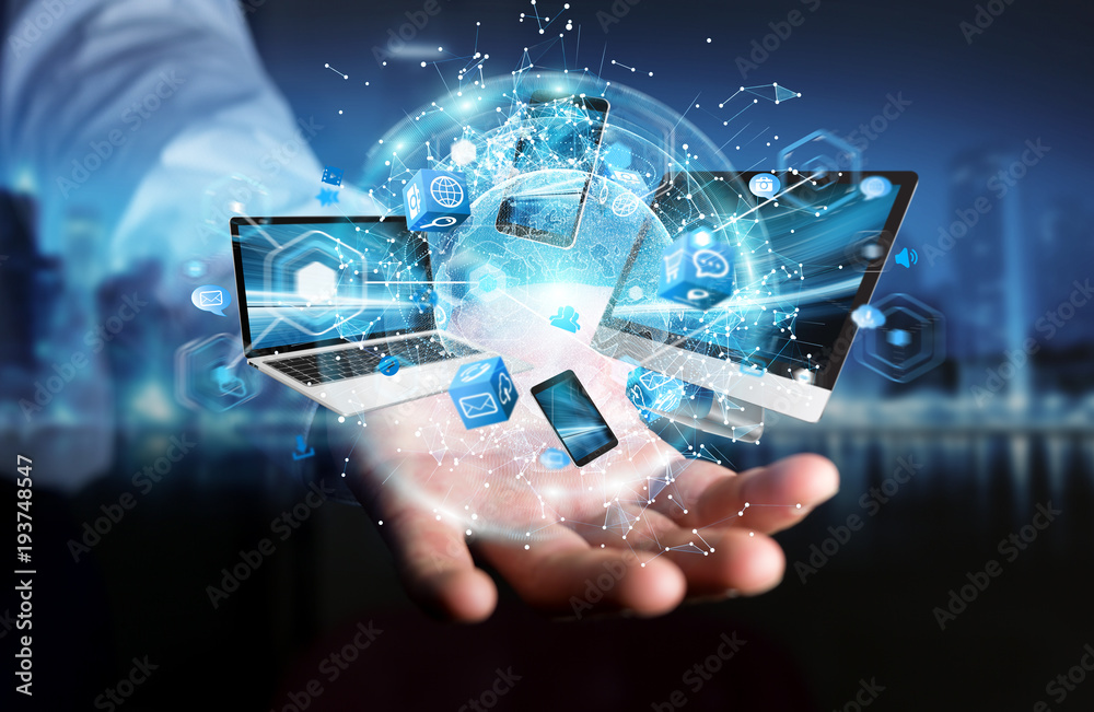 Fototapete tech devices connected to each other by businessman 3d rendering