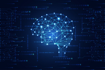 abstract technology science concept brain digital link on hi tech blue binary background